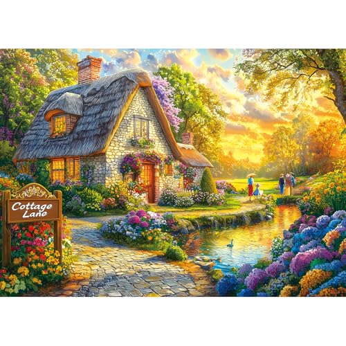 Fairy Tale Cottage 1000 Piece Jigsaw Puzzle for Adults - Scenic House Garden with Sunset & Colorful Flowers Landscape Challenging Puzzle Games Fun Family Activity （27.6" x 19.7"） - color: Colorful Fairy Tale Cottage