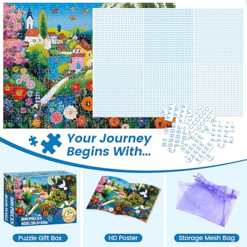 300 Pieces Puzzles for Adults, Large Piece Charming Village Jigsaw Puzzles,Colorful Village with Flowers,Birds Lake Puzzle for Kids Kids Ages 8-10 8-12 10-12,Puzzles for Family Game Nights,20.5x15 in - style: Flowers Village