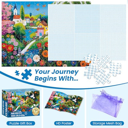 300 Pieces Puzzles for Adults, Large Piece Charming Village Jigsaw Puzzles,Colorful Village with Flowers,Birds Lake Puzzle for Kids Kids Ages 8-10 8-12 10-12,Puzzles for Family Game Nights,20.5x15 in - style: Flowers Village