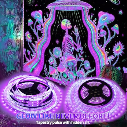33 Foot Black Light Strip & Remote, 600LEDs, Dimmable, 3 Lighting Modes | 12V Flexible Black Lights for Halloween, Glow Neon Party, Bedroom, Classroom, Fluorescent Decor Tapestry Poster, Indoor - size: 33FT