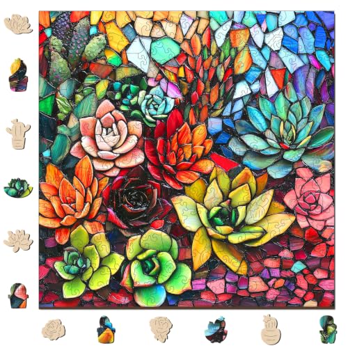 Mocfesk Wooden Puzzle 500 Pieces, Stained Glass Succulent Jigsaw for Adults | Gift for Plant puzzle Lovers, Unique Shaped Pieces, Family Game Night Challenge, 16.5x16.5 inch - color: Colorful Succulents, size: Large