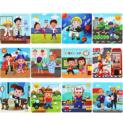 SANNIX 12 Pack Wooden Jigsaw Puzzles for Toddlers, Characters Puzzles | for Kids Party Favors, Educational Puzzles Learning Travel Toy with 12 Organize Bags - style: Characters