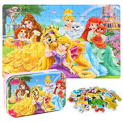 MZZOTOY Princess Puzzles for Kids Ages 4-8, 60 Pieces for Kids Ages 3-5 Princess Puzzle for Girls and Boys Toys Jigsaw Puzzles in a Metal Box Educational Puzzles (Princess) - color: Princess