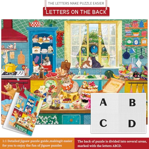 1000 piece Puzzle for Adults,Kitchen Jigsaw Puzzle 1000 Pieces for Adults,Challenging Family Games Holiday Party Gifts -1:1 Poster Interlock Perfectly Letter on Back-Cat Kitchen - color: Cat Kitchen