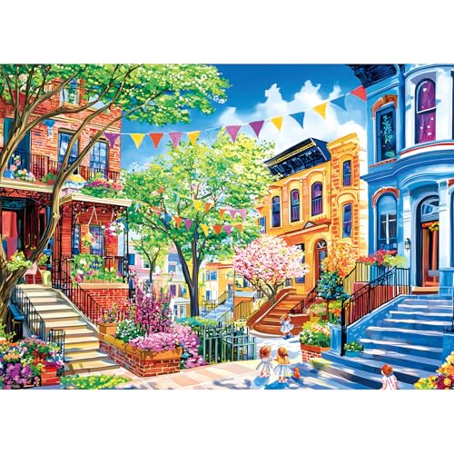 Jigsaw Puzzles for Adults 1000 Pieces City Street Colorful Houses | Streets Spring Puzzle for Adults with Letter, Gift for Adults Jigsaw Puzzles Lovers, Dust Free, 27.5 x 19.7 Inches - color: Colorful - New York Cityscape