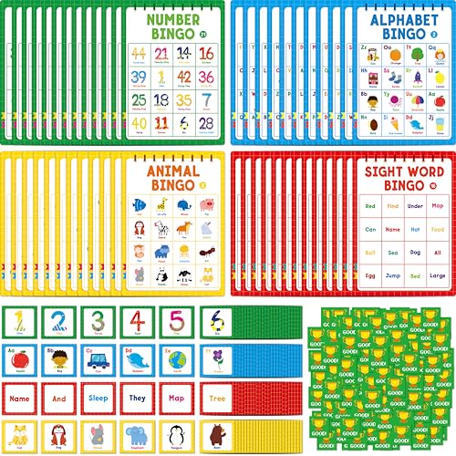 Family Bingo Game, Alphabet, Animal, Sight Word & Number Bingo Board Game, Counting and Matching Skills Classic Educational Game for Kindergarten and Preschool Kids, Perfect for Home and Classroom - style: Alphabet, Animal, Sight Word & Number