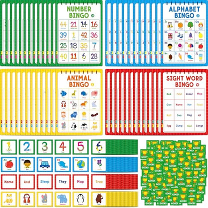 Family Bingo Game, Alphabet, Animal, Sight Word & Number Bingo Board Game, Counting and Matching Skills Classic Educational Game for Kindergarten and Preschool Kids, Perfect for Home and Classroom - style: Alphabet, Animal, Sight Word & Number