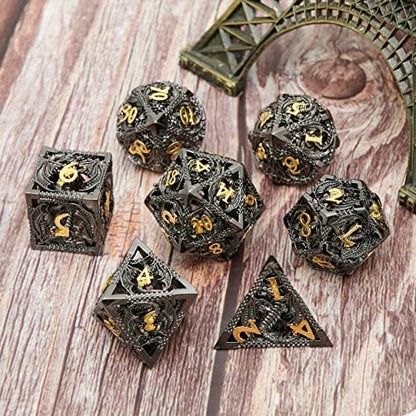 Metal DND Dragon Dice Set Dungeons and Dragons for Role Playing Games (RPG) MTG Pathfinder Tabletop Games(Black Gold) - color: Black/Gold