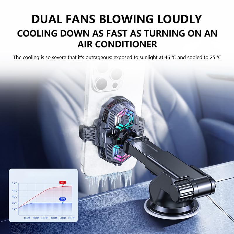 Car Cell Phone Holder Mount with Dual Semiconductor Cooling Fan, Scalable Cell Phone Cooler Car Stand Radiator with Light