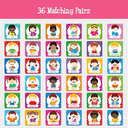 Hebayy 72 PCS Emotions Matching Game, 36 Pairs Feelings Memory Matching Cards Emotional Learning Activities Calm Down Corner Supplies for Baby Toddler Pre-K Preschool Kindergarten Autism ADHD - style: Emotions