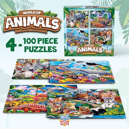 MasterPieces Jigsaw Puzzle Set for Kids, 4-Pack of 100 Piece Puzzles, Educational Animal Theme, Fun Game, Gift Idea, 8" x 10" - style: World of Animals V1