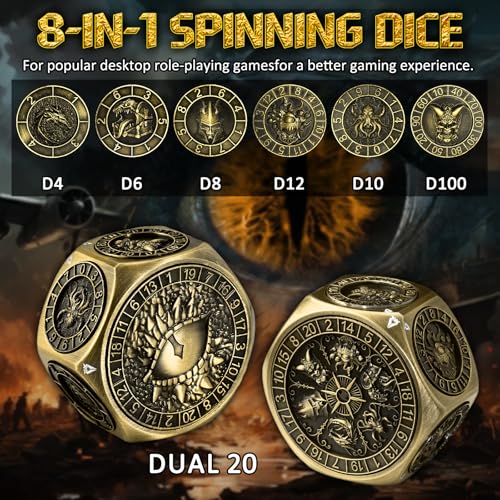 ZHOORQI 8-in-1 DND Dice Set – Metal Spinner Dice with Dual D20, 3D Monster Engravings & Smooth Spinning – Perfect for TTRPG, D and D Dungeons and Dragons Gifts (Bronze) - color: Bronze