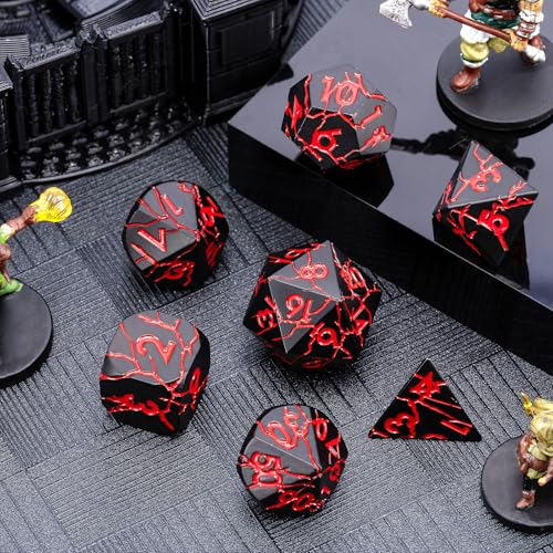 D&D Metal Dice - Sharp Edge Set with Cracks - Polyhedral for D&D RPG & Dungeons and Dragons - color: Matt Black Red