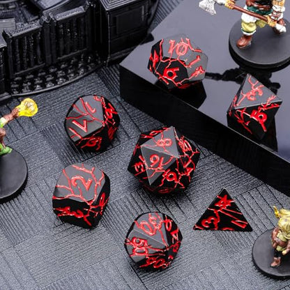 D&D Metal Dice - Sharp Edge Set with Cracks - Polyhedral for D&D RPG & Dungeons and Dragons - color: Matt Black Red