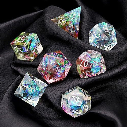 Haxtec Rainbow Sharp Edge Dice Set DND Dice with Iridescent Mylar Resin Dice Galaxy D&D Dice for RPG Role Playing Compatible with Dungeons and Dragons Gift - color: White Blue Red Yellow