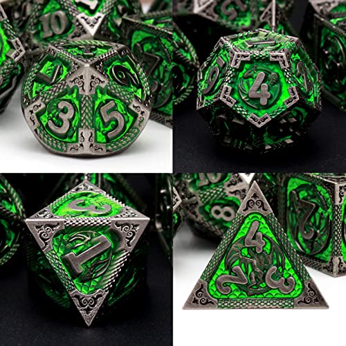 PJOY D&D Dice Set Metal DND Green Dice with Case Compatible with Dungeons and Dragons Ranger Gifts - color: Antique Silver Green