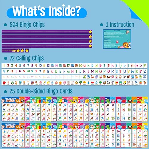 SpriteGru Alphabet & Numbers Bingo Game, Upper/Lowercase Letters, 52 First Words & 20 Numbers Learning- ABC and 123 Bingo Board Game for Kids 4-8, Perfect for Classroom & at Home (Up to 25 Players) - style: Alphabet & Numbers Bingo Game