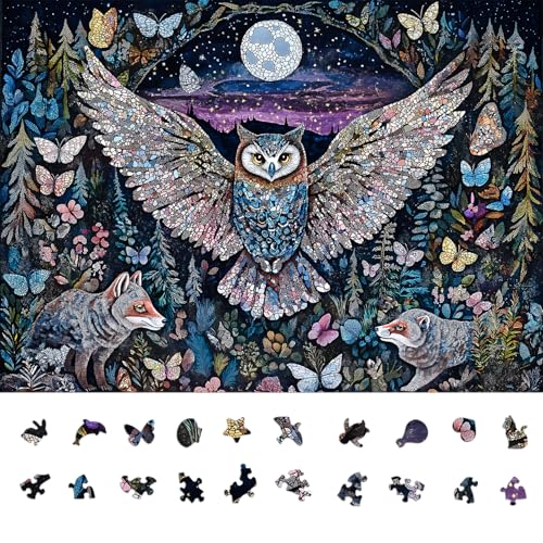Glow-in-The-Dark Owl Puzzles for Adults 1000 Pieces, Difficult Challenging Unique Puzzle for Adults,6 Colors on Back Jigsaw Puzzles, Size 26.6x19.2 - color: Moonlit Guardian Owl