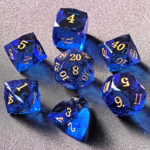 Crystal Multifaceted Polyhedral Dice Set 7 PCS for DND, RPG Tabletop Gaming, Collectors | Tinbox Packing, Gemstone Effect Dice (Sapphire) - color: Sapphire