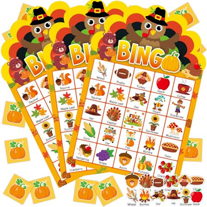 39 Pcs Thanksgiving Party Bingo Game for Adults Kids 24 Players Turkey Shaped Bingo Game Cards with Reward Stickers for Family Friends Students Large Group Activities Fall Autumn Festival Party Favors - style: Thanksgiving