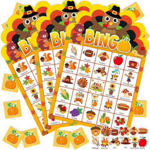 39 Pcs Thanksgiving Party Bingo Game for Adults Kids 24 Players Turkey Shaped Bingo Game Cards with Reward Stickers for Family Friends Students Large Group Activities Fall Autumn Festival Party Favors - style: Thanksgiving