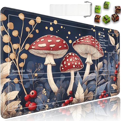 for MTG Playmat with Zones, for TCG Playmat and Board Game Mat with Storage Bag and 6 Dice, 24x14in Non-Slip for MTG Mat, Red Mushroom Black Pattern Magic Trading Card Mat Mousepad - color: Jv-playmat-p7-2k-d113