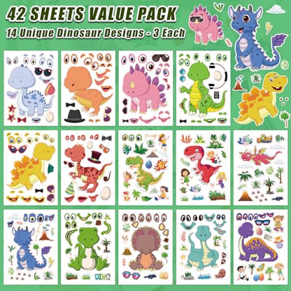 42 Sheets Create Funny Dinosaur Stickers, Make a Face Stickers for Boys and Girls, Travel Sticker Books, Party Favors, Birthday, Home, School and Activities Gifts for Kids Ages 3+ - style: Dinosaur