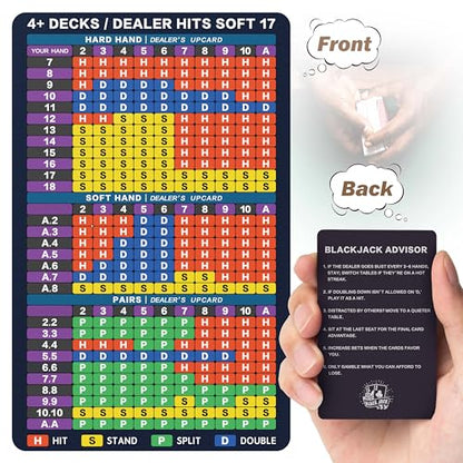 Blackjack Strategy Card -Stainless Steel Blackjack Basic Cards Allowed at Blackjack Table in The Casino 4+ Decks Hit Soft 17 with Leather Sleeve (Regular - style: Regular version