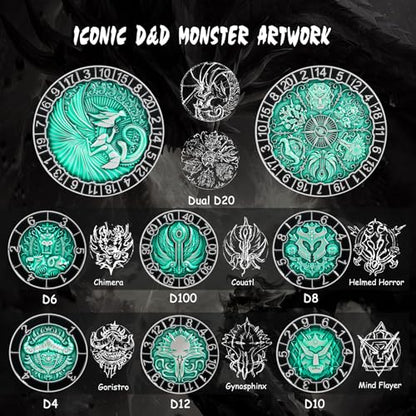 DNDND Unique Spinner D&D Dice, 8-in-1 Hexagonal Metal Dice with Dual D20 Monster Themed Dice Set for DND Dungeons and Dragons, Dungeon Masters with Collectible Gift Tin (Silver with Green) - color: Silver Green