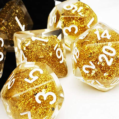 Haxtec Glitter DND Dice Set, 7 Pcs Gold Resin Polyhedral RPG Dice | Role Playing Games Dice with Velvet Pouch, Rounded Edge, Compatible with Dungeons and Dragons, Gifts for D&D Lovers - color: Gold