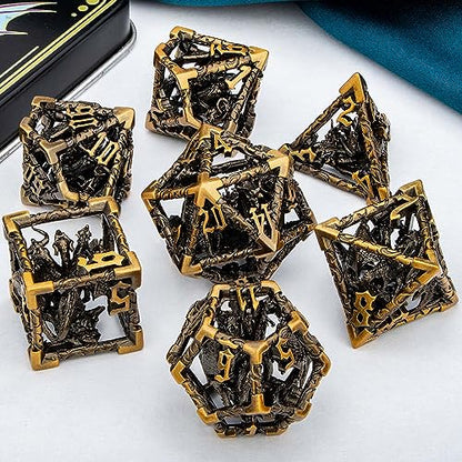 ARUOHHA Hollow DND Dice Set Antique Gold 5-Headed Dragons D and D Dice with Gift Box, Role Playing Games 7PCS RPG Metal Dungeons Polyhedral Dice D20 D12 D10 D8 D6 D4 - color: Ancient Gold-02