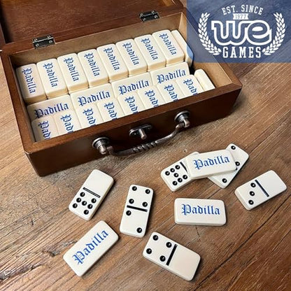 WE Games Custom Color Text Print Double 6 Dominoes in Wooden Treasure Box, Dominoes Set for Adults, Personalized Gifts - color: Walnut