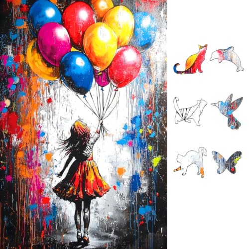 500 Piece Puzzles for Adults, Street Art Graffiti Girl with Colorful Balloons Puzzle, Vibrant Urban Art Puzzle Letter on Back, Family Activity Great Gift 23 x 15 in - color: Girl Balloons