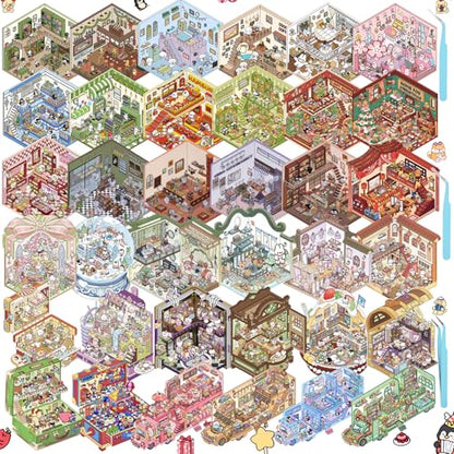 3D House Stickers,DIY Sticker Therapy for Adult Fun Cute Cartoon Stickers | 36 Sets Scene Make Your Own for MINI Room Scenes Miniature Supermarket for Relief Stress Pass The Time - size: 36 Pcs Regular
