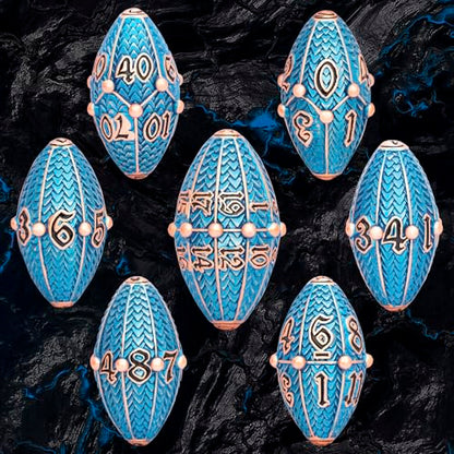 ARUOHHA DND Metal Dice Copper Blue Dragon Egg Dice with Rotating Dragon Egg Shell, Role Playing Game RPG Polyhedral D and D Dice Set D20 D12 D10 D8 D6 D4 - color: Copper Blue