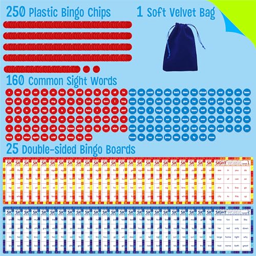 SpriteGru Sight Word Bingo Game, 160 Sight Words Learn to Read Level 1 & Level 2 Bingo Board Game Dolch's & Fry's Words Lists for Kindergarten and Preschool Kids 4-8, Perfect for Classroom & At Home - style: 25 Pcs Sight Word Bingo Game Level 1-2
