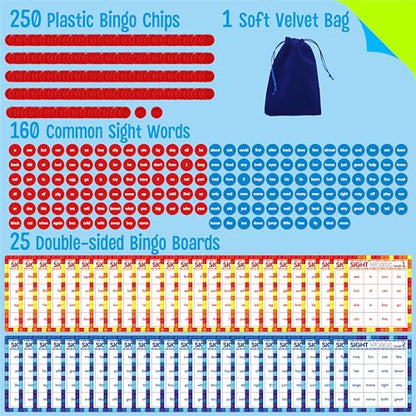 SpriteGru Sight Word Bingo Game, 160 Sight Words Learn to Read Level 1 & Level 2 Bingo Board Game Dolch's & Fry's Words Lists for Kindergarten and Preschool Kids 4-8, Perfect for Classroom & At Home - style: 25 Pcs Sight Word Bingo Game Level 1-2