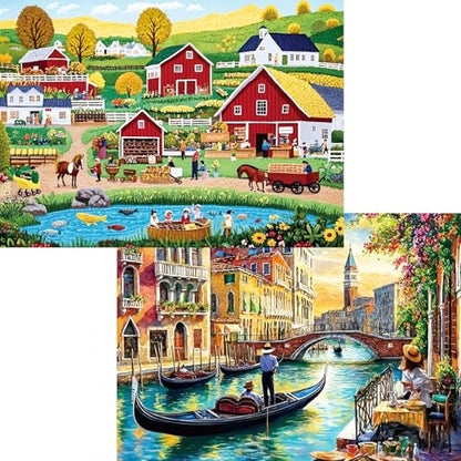 1000 Piece Puzzle for Adults, 2 Pack River and Farm Landscape Puzzles, City and Countryside Theme, Challenging Jigsaw Puzzles for Family Game Night, Ideal for Decor - style: River&Farm
