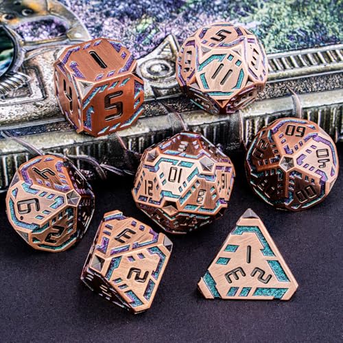Metal DND Sci-fi Dice Set 7PCS Stripe Polyhedral Dice for Dungeons Dragons RPG Role Playing Game, Glitter D and D Dice with Gift Box D6 D8 D10 D12 D20 (Ancient Bronze&Green Purple) - color: Ancient Copper - Green Purple