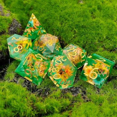 Haxtec Flower DND Dice Set Sharp Edge Resin Polyhedral Dice, Floral D&D Dice with Metal Case, Handmade Flower Inside Dice Set for Dungeons and Dragons TTRPG, Spring Pearl Green DND Gift - color: Green