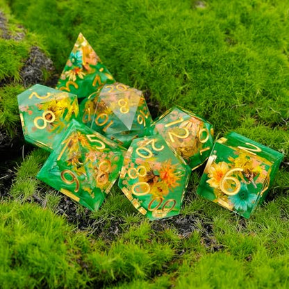 Haxtec Flower DND Dice Set Sharp Edge Resin Polyhedral Dice, Floral D&D Dice with Metal Case, Handmade Flower Inside Dice Set for Dungeons and Dragons TTRPG, Spring Pearl Green DND Gift - color: Green