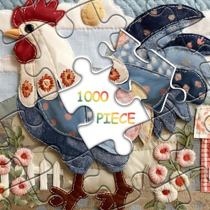 Funny Chicken Puzzles for Adults 1000 Pieces, Quilt Farm Jigsaw Puzzle | Flower Rooster Puzzle, Beautiful Floral Patchwork Chicken Home Wall Decor