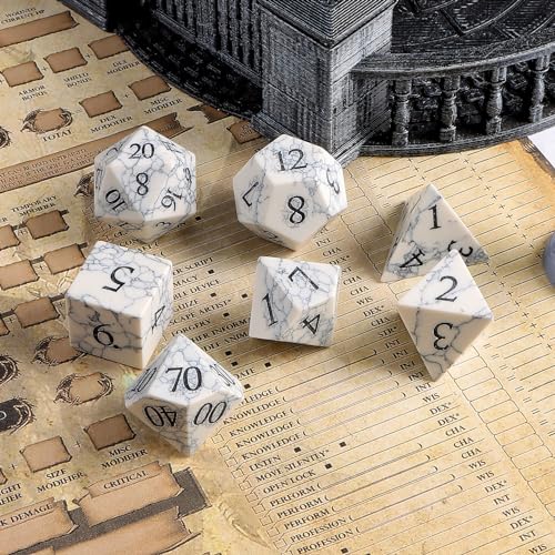 Howlite (White Turquoise) 7Pcs Polyhedral Dice Set, Natural Gemstone Multi-Faceted DND Dice for Dungeons and Dragons RPG Tabletop Role Playing Game (White Turquoise-B) - color: White Turquoise-b