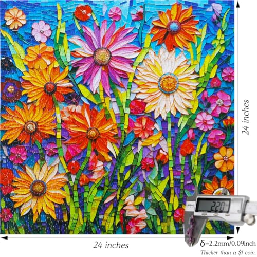 Bgraamiens-Mosaic Art Flowers-1000 Pieces Puzzle for Adults, Stained Glass Jigsaw with Flowers, Impossible Puzzle Color Challenge Hard Puzzles for Adults - color: Mosaic Art Flowers