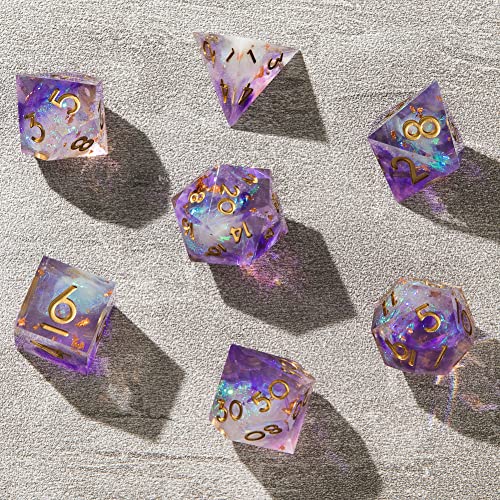 Sharp Edge DND Dice Set Handmade 7 Accessories Dice for Dungeons and Dragons TTRPG Games, Multi-Sided RPG Polyhedral Resin Sharp Edge Dice Roleplaying Games - color: Purple
