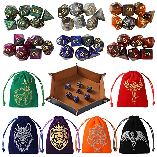 Grajar DND Dice Set, 42 Pcs polyhedral dice Set with 6 Colorful Animal Pattern Dice Bag and PU Leather and Velvet dice Tray for Dungeons and Dragons D&D RPG MTG Table Games Starry Sky - style: Animal-Starry Sky