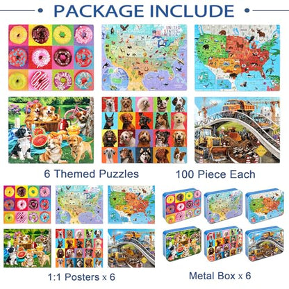LELEMON Puzzles for Kids Ages 4-6,6 Pack 100 Piece Puzzles for Kids Ages 4-8 in a Metal Box,Educational Jigsaw Puzzles Puzzle Games Puzzle Toys for Girls and Boys - color: 6 Pack 100 Piece Puzzle 1