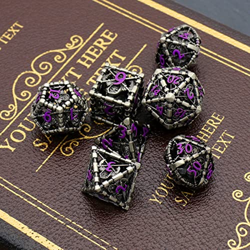 DND Dice Set,Grim Reaper Design Hollow Metal 7-Die,Purple Numbers | Lightweight copper dice,Easy-To-Read Engraved Numbers,a Gift Box and Velvet Bag for DND RPG Play - color: Grim Reaper Purple Number