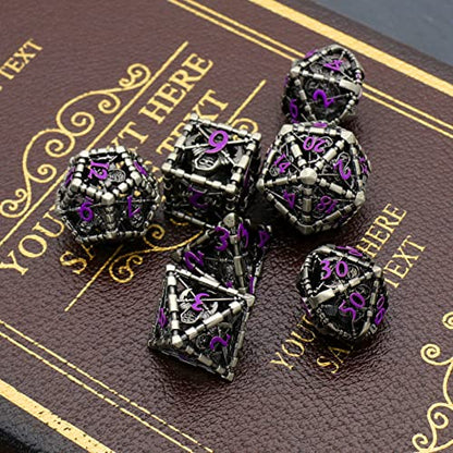 DND Dice Set,Grim Reaper Design Hollow Metal 7-Die,Purple Numbers | Lightweight copper dice,Easy-To-Read Engraved Numbers,a Gift Box and Velvet Bag for DND RPG Play - color: Grim Reaper Purple Number