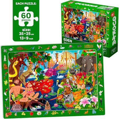 QUOKKA 60 Piece Kids Puzzles Ages 5-8 - Set of 4 Bible Jigsaw Puzzles for Kids 4-6-10 Year Old - Tower of Babel - Noah`s Ark - Eden Toys for Children 5-7 yo - Christian Gifts for Boys & Girls - color: Yellow Ang Green